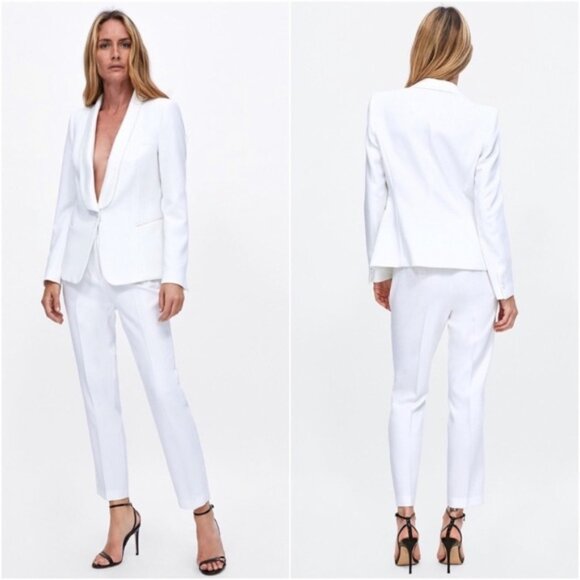 Zara Basic White Fitted Tuxedo Pantsuit With Satin Trim Size S EUC